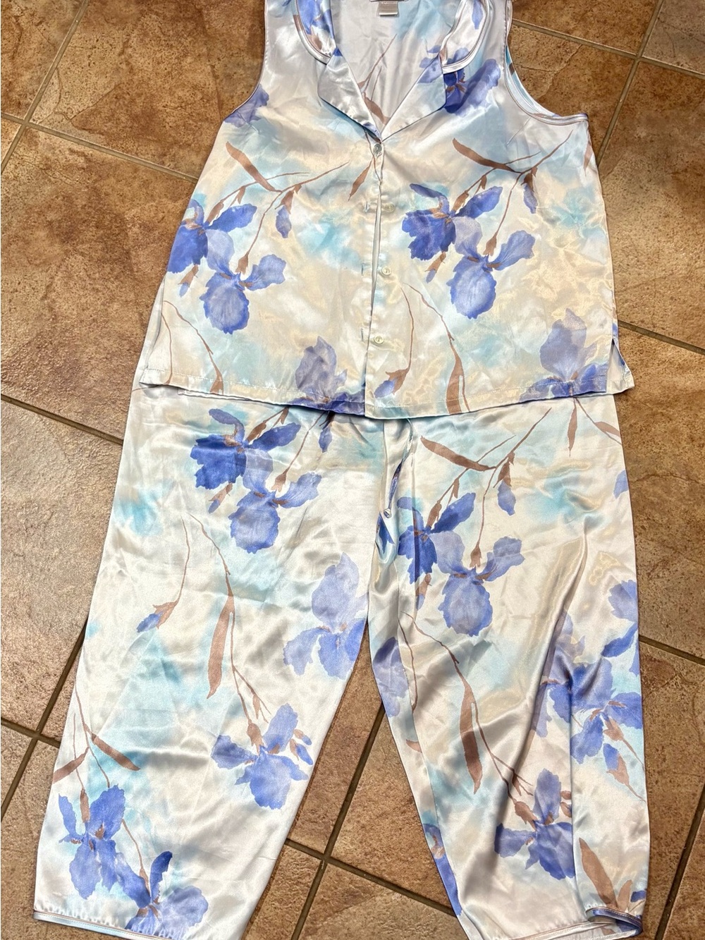 Jones New York Light Blue & Purple Floral Satin Pajama Set-XL